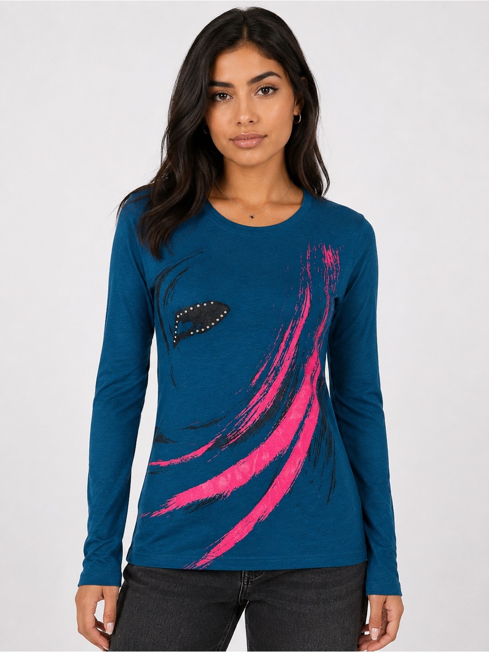 Vintage Urban Behavior top XS. Teal , hot pink paint , crystal rhinestones